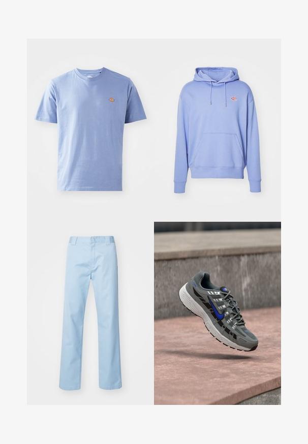 Lyseblå hættejakke lavet af blød bomuld. Har en frontlomme, justerbare snore og et lille logo på brystet.; Lyseblå bomulds t-shirt med korte ærmer og rund hals. Har et lille, farverigt logo på venstre brystområde.; Lyseblå lige bukser lavet af en blanding af bomuldsstof. Har en flad frontlinning, sidelommer og ingen synlige mønstre eller udsmykninger.; Grå og sort Nike løbesko med blå swoosh og hvid sål, svævende over en stenovertflade.