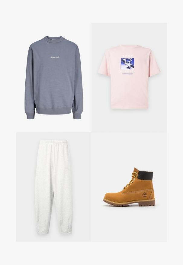 Lyseblå crewneck sweatshirt med ribbet manchetter og kant, med lille hvid "Originals Studio" tekst centreret på brystet.; Lyserød t-shirt med blå og hvid grafisk motiv af et sneklædt træ og traner, tekst "HOKUSAI" og kunstneroplysninger nedenfor.; Lyse grå sweatsbukser lavet af blødt stof, med elastisk talje, tætsiddende ben og ankelmanchetter. Simpelt design uden mønstre.; Brune læder ankelstøvle med metaløjer, hvid pelsforing, sort polstret krave, robust sål og præget logo på siden.