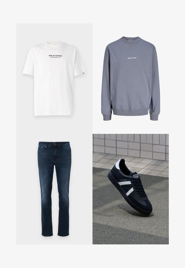 Lichtblauwe crewneck trui met geribde manchetten en zoom, met kleine witte tekst "Originals Studio" in het midden van de borst.; Witte katoenen T-shirt met korte mouwen, voorzien van een zwart bedrukt logo met de tekst "REPLAY GARAGE ESTABLISHED 1981" aan de voorkant.; Donkerblauwe denim jeans met een rechte snit, middelhoge taille, vijf zakken en stikdetails. Glad oppervlak met licht vervaagde accenten.; Zwarte leren sneaker met witte strepen, een gestructureerde rubberen zool en vetersluiting aan de voorkant. Voorzien van een merklabel op de tong.