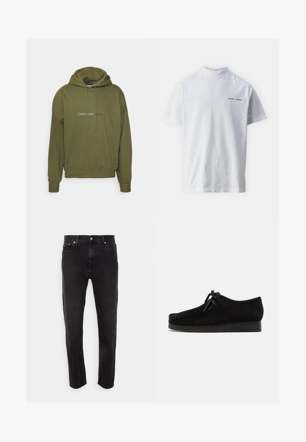 Olivengrøn hættetrøje lavet af blødt stof, med en frontlomme, ribbede manchetter og hvid "Calvin Klein Jeans"-logo.; Hvid bomulds t-shirt med høj halsudskæring og korte ærmer. Har "SAMSØE SAMSØE" logo i sort på forsiden. Glat tekstur.; Sorte denimbukser med lige ben-design, der har en medium høj talje, bæltestropper og fem-lomme stil. Blød tekstur med minimal falming.; Sorte ruskindsko med rund tådesign, snørebånd foran og en struktureret sort gummisål. Glat overflade med diskret syningsdetalje.