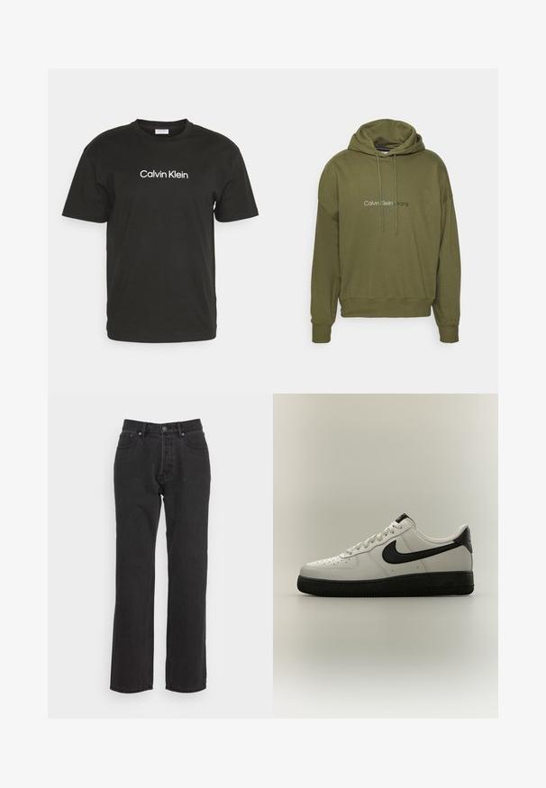 Olivovo zelená mikina s kapucňou vyrobená z mäkkého materiálu, s prednou klokankou, rebrovými manžetami a bielym logom "Calvin Klein Jeans".; Čierne bavlnené tričko s kruhovým výstrihom a krátkymi rukávmi, s logom "Calvin Klein" vytlačeným bielou farbou na prednej strane.; Čierne džínsy s rovným strihom, s predným zapínaním na gombík, pútka na opasok a dvoma bočnými vreckami. Textúrovaná tkanina.; Nízke biele tenisky s čiernym Nike swoosh, čiernou pätovou záložkou a hrubou čiernou podrážkou na neutrálom pozadí.