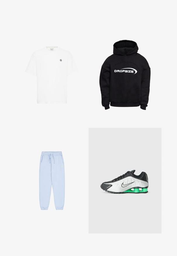Sort hættetrøje med en forlommer og hvidt "DROPSIZE"-logo hen over brystet, med et buet designelement over teksten.; Hvid kortærmet t-shirt med rund halsudskæring og et lille gråt geometrisk logo på venstre bryst. Lavet af blødt bomuldsmateriale.; Lyseblå sweatpants lavet af blødt stof, med elastisk liv og snøre, sidelommer og taperede manchetter. Simpelt design med logoaccent.; Sort-hvide sportsko med grønne accenter, der har et slankt design, tekstureret overdel og en iøjnefaldende segmenteret sål.