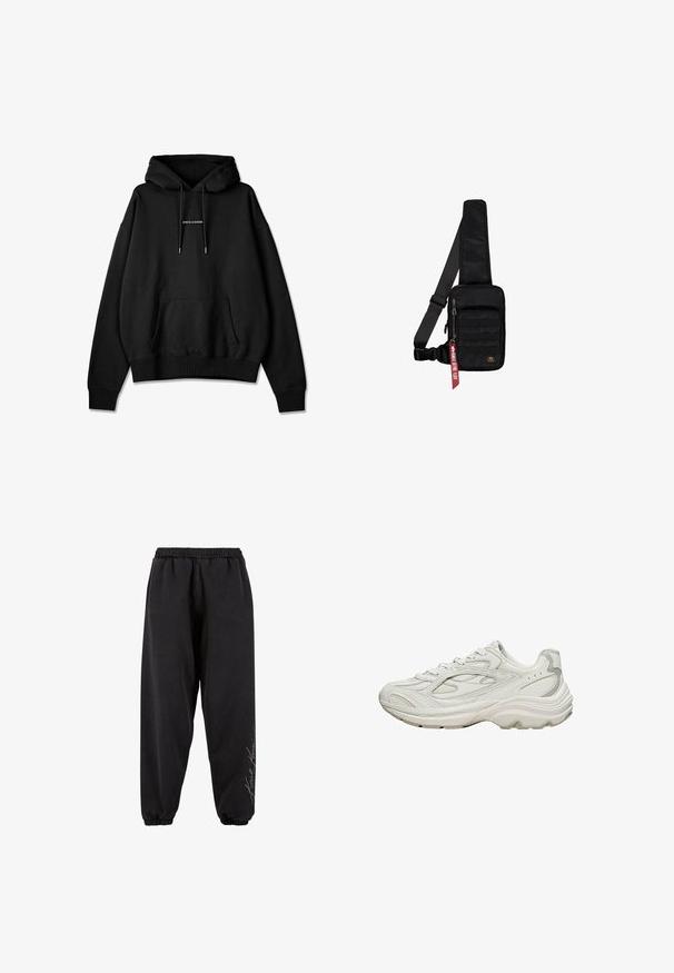 Sort hættetrøje lavet af bomuldsblanding, med en kængurulomme, snor i hætten og frontlogoet "PEGADOR" i sølv. Blød tekstur, løstsiddende pasform.; Sorte sweatpants lavet af blødt stof med elastisk talje. Taperede ankler og trykt tekstdetalje på den ene side. Casual, afslappet pasform.; Hvid sneaker med en tekstureret overdel og en chunky sål. Den har buede linjer, subtile grå accenter og en snørelukning.; Sort skuldertaske lavet af tekstureret stof. Har et lynlåslukket hovedrum, forlom med webbing, justerbar rem og et dekorativt mærke.
