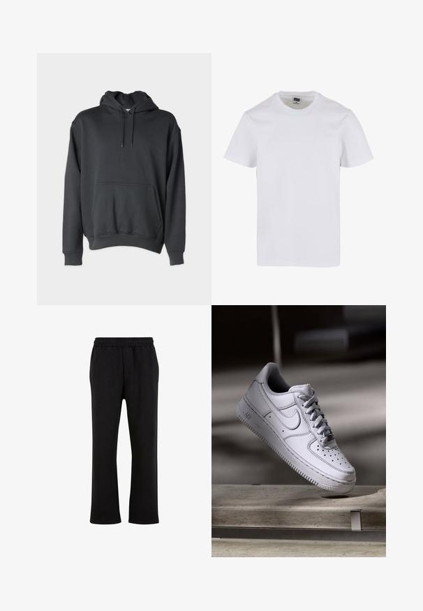 Donkergrijze hoodie van zachte stof, met een voorzak, trekkoorden in de capuchon en ribgebreide manchetten en zoom.; Witte katoenen T-shirt met een ronde halslijn, korte mouwen en een relaxte pasvorm. Glad textuur zonder zichtbare patronen of accenten.; Urban Classics Trainingsbroek - black; Witte Nike Air Force 1 sneaker van leer met geperforeerde neus, platte veters en een gestructureerde rubberen zool met "AIR"-logo aan de zijkant.