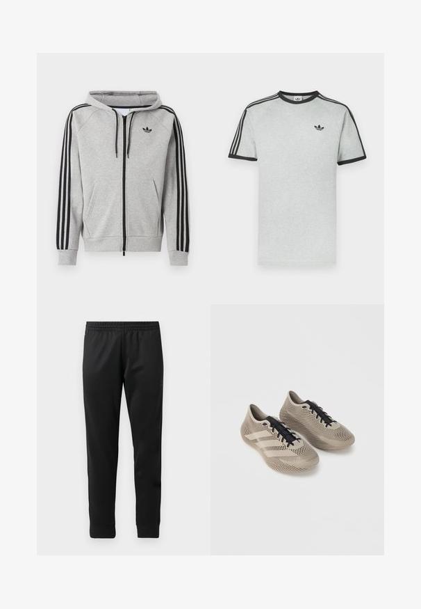 Hellgrauer Kapuzenpullover mit Reißverschluss, schwarzen Streifen an den Ärmeln, vorderen Kängurutaschen, Kordelzug in der Kapuze und einem schwarzen Adidas Trefoil-Logo auf der Brust.; Graues T-Shirt mit schwarzen Akzenten, ausgestattet mit Rundhalsausschnitt und kurzen Ärmeln. Drei schwarze Streifen auf den Schultern, kleines Logo auf der Brust.; Schwarze Sporthosen aus glattem Stoff, mit einem elastischen Bund, schmal zulaufenden Beinen und gerippten Bündchen an den Knöcheln.; Paar beiger Sportschuhe mit schwarzen Schnürsenkeln, mit einem strukturierten, gestreiften Muster und drei Seitenstreifen auf einfarbigem Hintergrund.