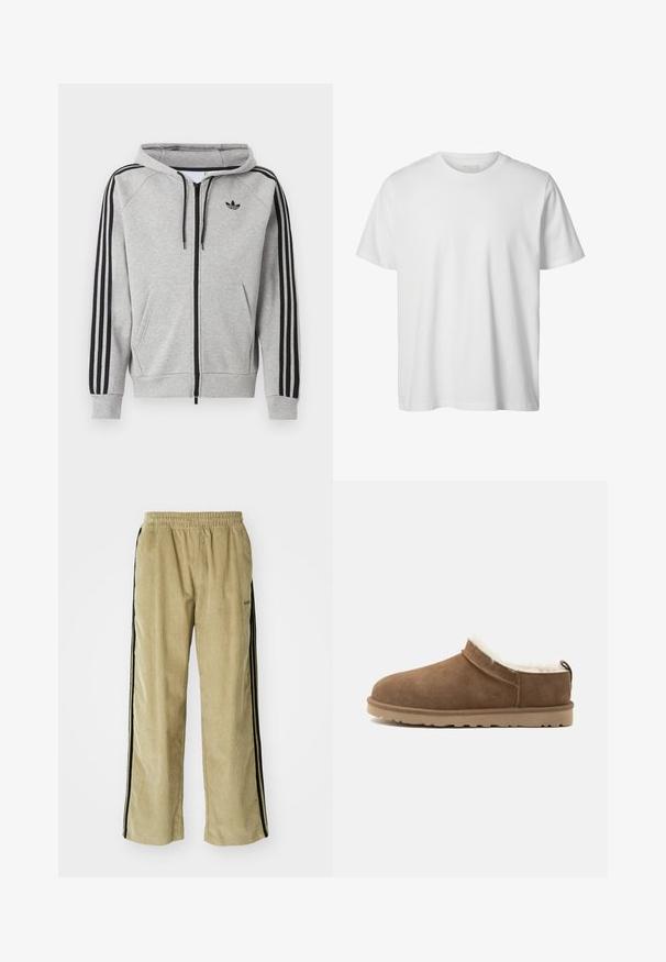 Lichtgrijze zip-up hoodie met zwarte strepen op de mouwen, voorzakken in kangaroostijl, trekkoord in de capuchon en een zwart Adidas trefoil-logo op de borst.; Eenvoudig wit T-shirt met korte mouwen en ronde hals, losse pasvorm en zonder zichtbare logo's of ontwerpen aan de voorkant.; Beige corduroy broek met een elastische tailleband, voorzien van zwarte zijstrepen. De stof heeft een ribbelstructuur, iets uitlopend aan de onderkant.; Bruine suède instapslof met beige zool en witte fleece voering, ontworpen voor warmte en comfort binnenshuis.