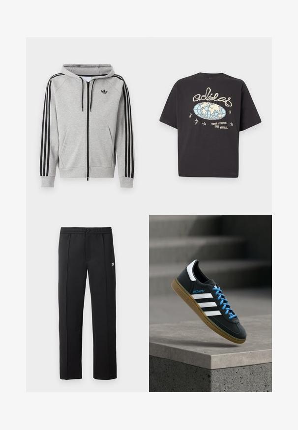 Lichtgrijze zip-up hoodie met zwarte strepen op de mouwen, voorzakken in kangaroostijl, trekkoord in de capuchon en een zwart Adidas trefoil-logo op de borst.; Zwart Adidas T-shirt met een beige en blauw wereldbolgrafiek, handgeschreven Adidas-logo, sterren en de tekst "Three Stripes. One World."; Zwarte broek van gladde stof, met een knoopsluiting, zijzakken en een klein logo aan de voorkant. Rechte pijpen.; Zwarte Adidas-sneaker met witte strepen, blauwe veters en een gumzool die boven een grijze betonnen trede zweeft in zacht licht.
