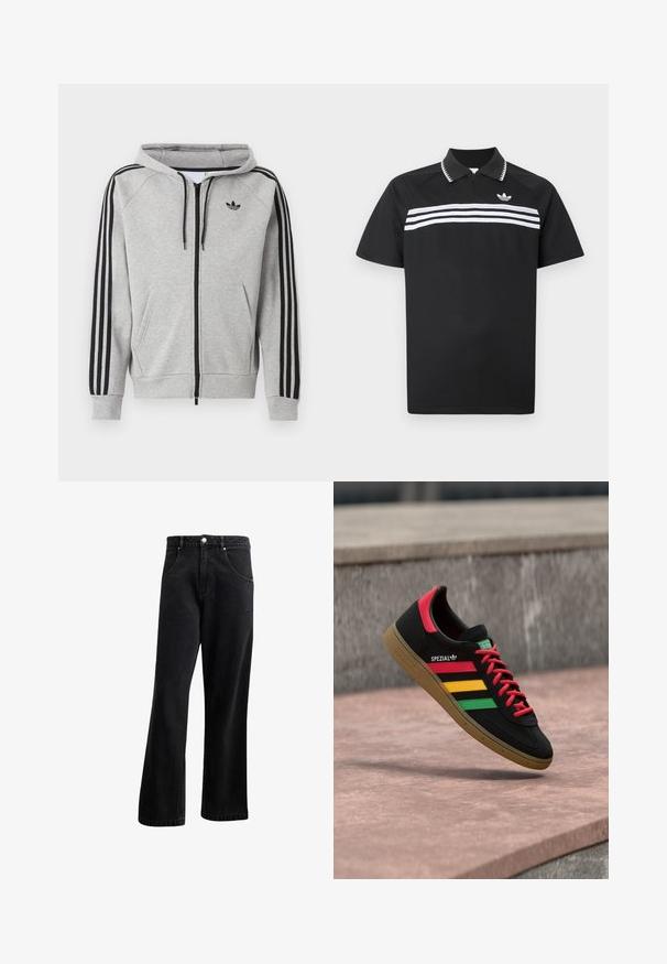 Lichtgrijze zip-up hoodie met zwarte strepen op de mouwen, voorzakken in kangaroostijl, trekkoord in de capuchon en een zwart Adidas trefoil-logo op de borst.; Zwart poloshirt met een ritssluiting bij de kraag, voorzien van drie witte horizontale strepen over de borst en een klein logo linksboven.; Zwarte denim jeans met een recht gesneden ontwerp, voorzien van voorzakken, een knoopsluiting en een lichte textuur. Inclusief een subtiele logo-detail.; Zwarte Adidas Spezial sneaker met rode, gele en groene strepen, rode veters, gumzool en een rode hieldetail, zwevend boven het trottoir.