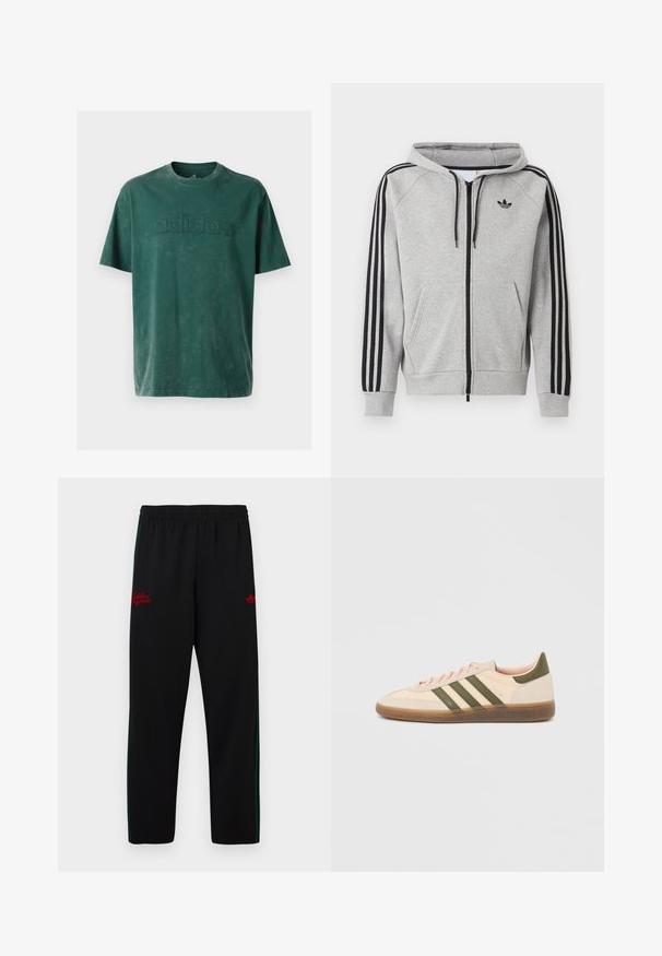 Hellgrauer Kapuzenpullover mit Reißverschluss, schwarzen Streifen an den Ärmeln, vorderen Kängurutaschen, Kordelzug in der Kapuze und einem schwarzen Adidas Trefoil-Logo auf der Brust.; Dunkelgrünes Baumwoll-T-Shirt mit Rundhalsausschnitt, kurzen Ärmeln und einem geprägten "adidas"-Logo über der Brust in passendem Material.; Schwarze Sporthose mit elastischem Bund, grünen Seitenstreifen und rotem eingesticktem Logo auf beiden Seiten. Glattes, leichtes Material.; Flacher, beigefarbener Adidas Spezial Sneaker mit grünen Streifen, Gummisohle und "SPEZIAL" Schriftzug an der Seite, von der Außenseite gezeigt.