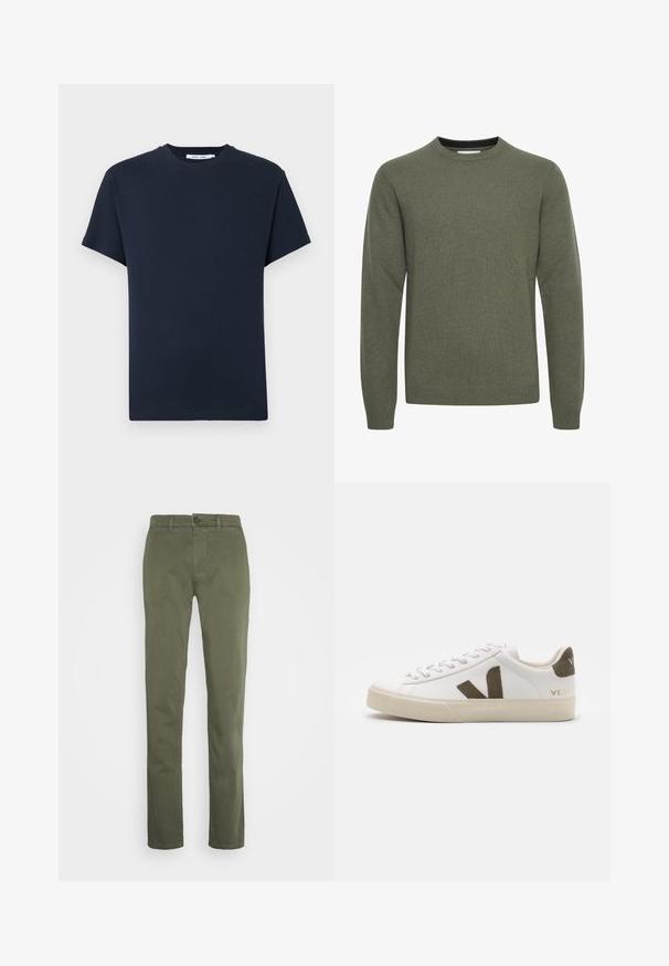 Pull tricoté vert olive à manches longues avec encolure ronde, poignets et ourlet côtelés, présenté sur fond blanc.; T-shirt à manches courtes bleu marine foncé en coton, doté d'un col rond et d'une coupe décontractée. Simple, couleur unie sans motifs.; Pantalon coupe droite vert olive avec fermeture par bouton et zip, passants de ceinture et devant épuré sans poches visibles.; Baskets en cuir blanc avec une semelle en caoutchouc beige clair. Présentent un logo en V en daim marron et une languette de talon. Fermeture à lacets avec une surface texturée.
