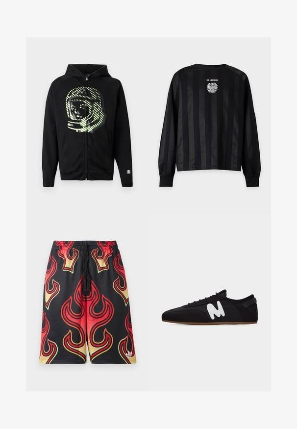 Sweat à capuche zippé noir en tissu doux, avec un grand motif d'astronaute vert clair et des rayures diagonales sur la poitrine.; Chemise noire à manches longues avec des rayures verticales subtiles et le texte blanc "HAN KJØBENHAVN" au-dessus d'un emblème détaillé d'aigle blanc sur la poitrine.; Shorts en mesh noir avec des motifs de flammes rouges, orange et jaunes et un petit logo blanc près de l'ourlet inférieur sur la jambe droite.; Baskets basses noires avec une semelle fine marron et un logo stylisé "M" blanc sur le côté, vues de gauche.