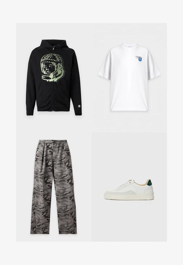 Sort hættejakke med lynlås i blødt stof, der har en stor astronautgrafik i lysegrøn med diagonale striber over brystet.; Hvid T-shirt med korte ærmer med Maison Kitsuné Paris-logo og lille blå rævehovedgrafik på øverste venstre bryst.; Bukser med gråt og sort camouflage mønster med elastisk talje og lige ben vist mod en ensfarvet hvid baggrund.; Hvide sneakers med ruskindsdetaljer, rund tå, flade snørebånd og en cremet gummisål. Har grøn branding på hælen.