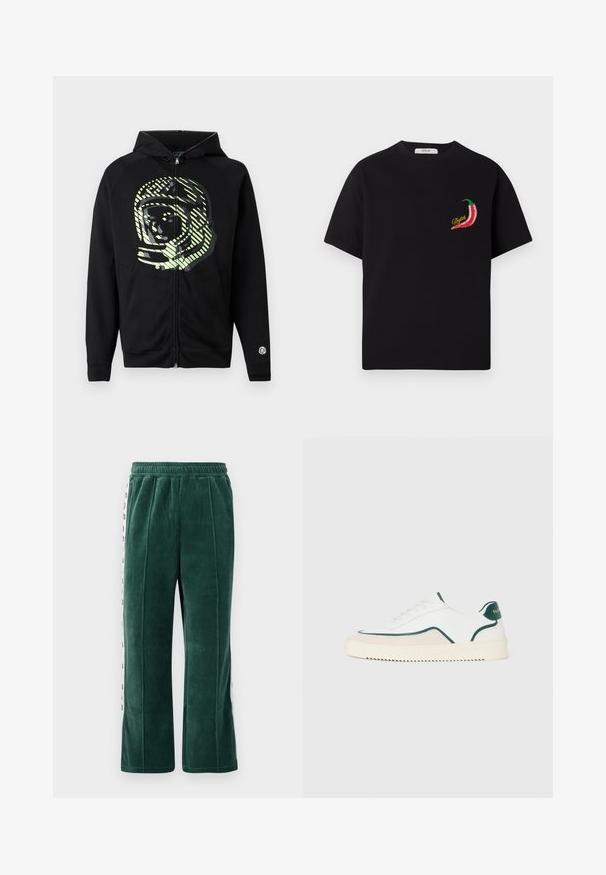 Zwarte hoodie met ritssluiting van zachte stof, met een grote astronautenafbeelding in lichtgroen en diagonale strepen over de borst.; Zwart T-shirt met korte mouwen, met een kleine rode chilipeper en gele "Replay" tekst op de linkerborst.; Donkergroene velours joggingbroek met elastische tailleband, featuring verticale naden en witte zijpanelen met zwarte tekst. Rechte snit.; Witte lage sneakers met groene accenten, beige suede details en een crème-kleurige zool met een geribbelde onderkant.