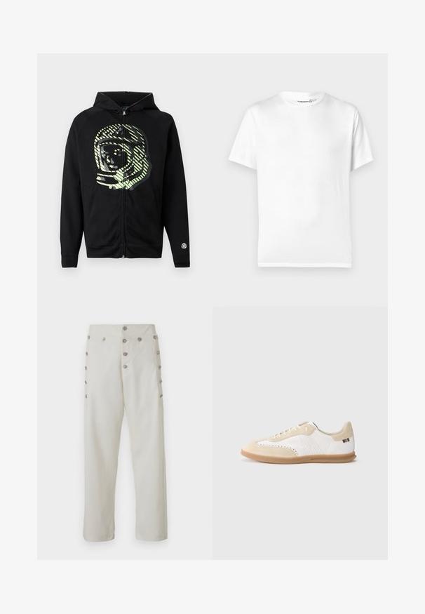 Schwarzer Kapuzenpullover mit Reißverschluss aus weichem Stoff, mit großem Astronautenmotiv in Hellgrün und diagonalen Streifen über der Brust.; Weißes Baumwoll-T-Shirt mit klassischem Rundhalsausschnitt, kurzen Ärmeln und geradem Saum. Glatte Textur, ohne Muster oder Akzente.; Cremfarbene Hose mit geradem Schnitt, die dekorative silberfarbene Knopfdetails an beiden Seiten sowie eine glatte Stoffstruktur bietet.; Weißer Sneaker mit hellbeigen Wildledereinsätzen, perforierten Details, flachen Schnürsenkeln und einer Gummisohle in Karamellfarbe. Mit gestreiftem Markenlogo an der Ferse.