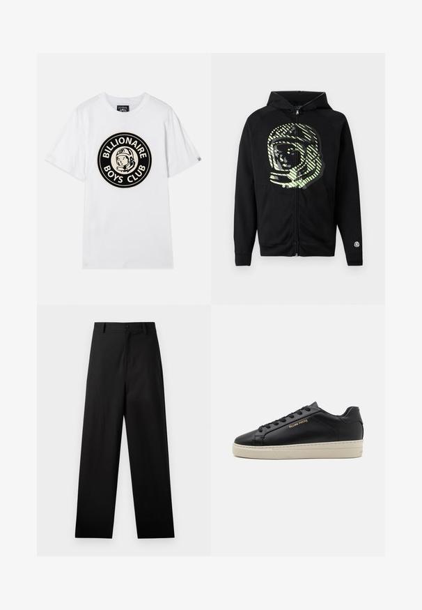 Sudadera con capucha negra con cremallera, hecha de tela suave, con un gran diseño de astronauta en verde claro y rayas diagonales en el pecho.; Camiseta de algodón blanca con un gráfico circular negro y dorado de un astronauta y el texto "BILLIONAIRE BOYS CLUB". Mangas cortas, cuello redondo.; Pantalones negros de algodón con un diseño de pierna recta, que cuentan con un cierre frontal de botón y bolsillos laterales. Textura lisa, sin patrones.; Zapatilla de cuero negra con un acabado suave, suela crema en contraste, puntera redonda, logo dorado en el lateral y seis ojales para los cordones.
