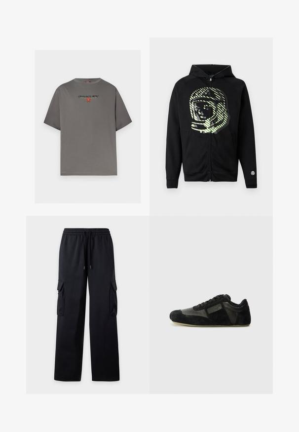 Sweat à capuche zippé noir en tissu doux, avec un grand motif d'astronaute vert clair et des rayures diagonales sur la poitrine.; T-shirt gris à manches courtes avec le logo "OAKLEY" et un petit graphisme rouge centré sur la poitrine, présenté sur un fond blanc uni.; Pantalon cargo noir à jambes larges avec taille élastique et cordon de serrage, avec des poches à rabat sur les deux cuisses.; Baskets noires en suède et cuir. Présentent un profile bas, un bout arrondi, un design à lacets et des accents texturés. Les semelles ont une texture antidérapante.