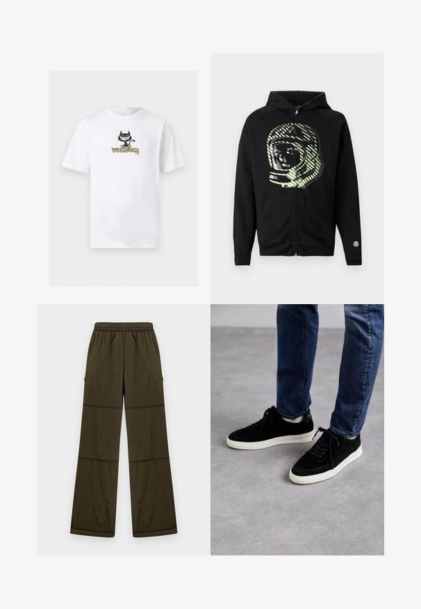 Μαύρο hoodie με φερμουάρ κατασκευασμένο από μαλακό ύφασμα, με μεγάλο γραφικό αστροναύτη σε ανοιχτό πράσινο χρώμα και διαγώνιες ρίγες στο στήθος.; Λευκό κοντομάνικο T-shirt με κεντρικό γραφικό μια μαύρη καρτουνίστικη διάβολο σε σκέιτμπορντ πάνω από το κείμενο "volcom" σε μπεζ και μαύρο.; Φαρδιά σκούρα χακί παντελόνια με ελαστική μέση, ορατές ραφές και πλαϊνές τσέπες, εμφανίζονται σε απλό ανοιχτό φόντο.; Μαύρα σουέτ αθλητικά παπούτσια με λευκή καουτσούκ σόλα, που διαθέτουν κλασική χαμηλή σχεδίαση, στρογγυλή μύτη και επίπεδες μαύρες κορδόνες.