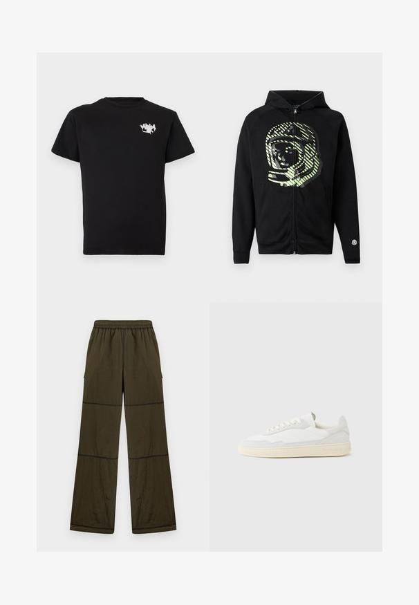 Μαύρο hoodie με φερμουάρ κατασκευασμένο από μαλακό ύφασμα, με μεγάλο γραφικό αστροναύτη σε ανοιχτό πράσινο χρώμα και διαγώνιες ρίγες στο στήθος.; Μαύρο κοντομάνικο μπλουζάκι με μικρό λευκό γραφίτι σχέδιο στην αριστερή πλευρά του στήθους.; Φαρδιά σκούρα χακί παντελόνια με ελαστική μέση, ορατές ραφές και πλαϊνές τσέπες, εμφανίζονται σε απλό ανοιχτό φόντο.; Λευκό αθλητικό παπούτσι με επάνω μέρος από σουέτ και δέρμα με υφή. Διαθέτει στρογγυλή μύτη, κλείσιμο με κορδόνια και αντίθετη μπεζ καουτσούκ σόλα.