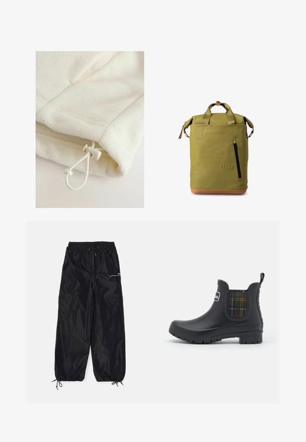 Fleece kledingstuk in off-white met een zachte textuur, voorzien van een touwtje met schuifknop voor verstelbaarheid aan de zoom.; Zwarte cargobroek van glanzend nylon met een elastische tailleband, verstelbaar trekkoord, zijzakken en elastische boorden.; Barbour KINGHAM - Regenlaarzen - black; Groene waterdichte rugzak met een roll-top ontwerp, voorzien van een voorzak met rits, bruin leren accenten en stevige stoffen banden.