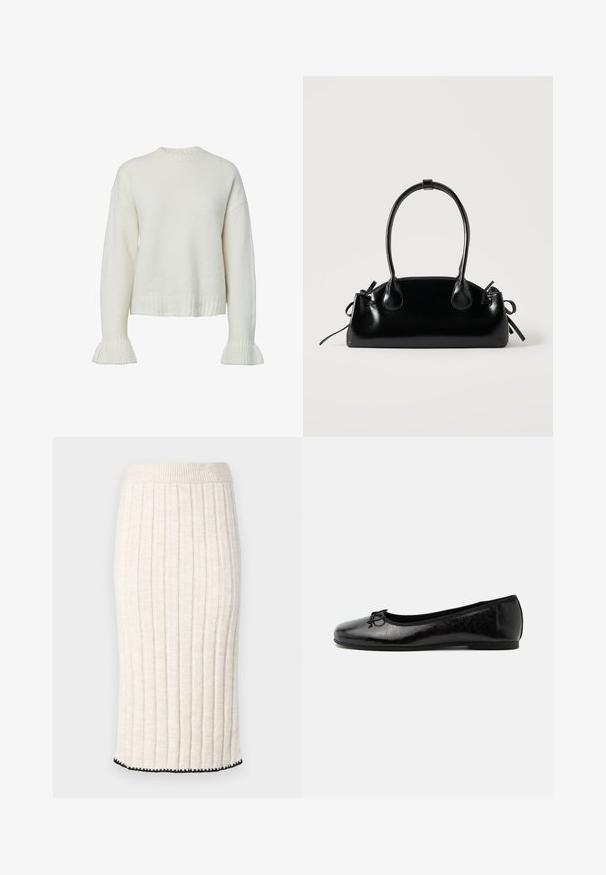 Hvid strikket sweater med ribbet tekstur, rund halsudskæring og klokkeformede ærmer. Kort længde med løs pasform.; Strikket midiskørt i off-white, med lodrette ribber, en tætsiddende talje og en sort bølget kant. Glat tekstur med blød fald.; Sort skinnende læder balletflad med lav hæl og lille dekorativ sløjfe foran, vist fra siden på ensartet lyst baggrund.; Lille sort blank håndtaske med to lange håndtag og snøre-detaljer i siden på en ensfarvet lys baggrund.