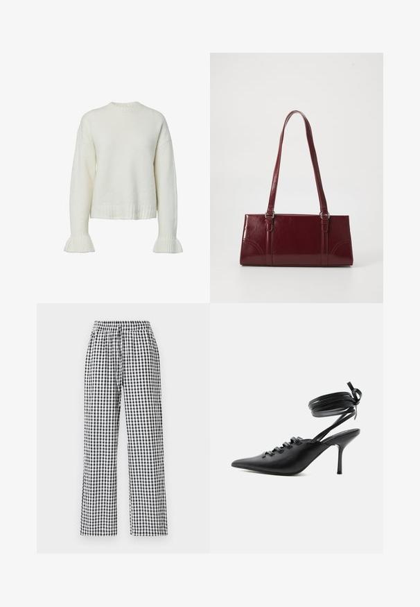 Pull blanc en tricot avec texture côtelée, col rond et manches évasées. Longueur raccourcie avec une coupe décontractée.; Pantalons à motifs vichy noir et blanc avec une coupe décontractée, taille élastique et détail de cordon de serrage. Le tissu a une texture lisse.; Chaussure à talon haut noire à bout pointu avec laçage à l'avant et brides enroulées autour de la cheville nouées en nœud, vue de côté sur fond blanc.; Sac à main bordeaux en matériau brillant, de forme rectangulaire, avec deux anses et des accents légèrement courbés à l'avant.