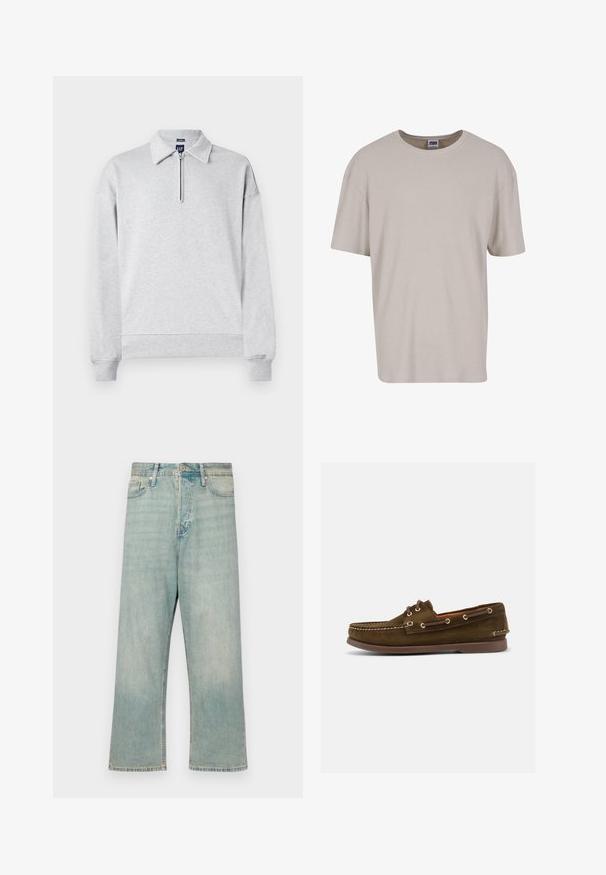 Grauer Sweatshirt mit einem halben Reißverschluss-Kragen, langen Ärmeln und gerippten Bündchen sowie Saum. Hergestellt aus weichem, strukturiertem Stoff. Einfaches, unaufgeregtes Design.; Hellbeige T-Shirt mit kurzen Ärmeln aus strukturiertem Stoff, mit Rundhalsausschnitt und lockerer Passform. Keine sichtbaren Muster oder Hardware.; Helle blaue Denim-Jeans mit lockerer Passform, geraden Beinen und verblasstem Finish; mit klassischem Knopf- und Reißverschluss.; Brauner Bootsschuh aus Wildleder mit Mokassinnase, Schnürfront, Metallösen und brauner Gummisohle, seitlich dargestellt.