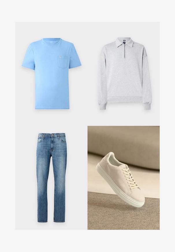 Sudadera gris con cuello de media cremallera, mangas largas y puños y dobladillo acanalados. Fabricada con una suave tela texturizada. Diseño sencillo y sin adornos.; Camiseta de manga corta azul claro hecha de algodón suave. Presenta un escote redondo y un bolsillo en el pecho con una etiqueta de marca. Textura suave.; Vaqueros de mezclilla rectos azules con cinco bolsillos, cierre de botón y cremallera, exhibidos sobre un fondo blanco plano.; Zapatilla de ante beige con suela y cordones blancos, mostrada flotando sobre una alfombra de textura beige contra un suave fondo beige.