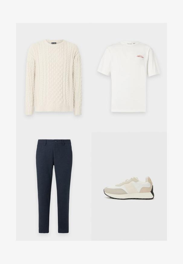 Kabelstriktrøje i off-white med rund halsudskæring, ribbede ærmegab og kant, samt teksturerede mønstre over hele stoffet.; Hvid bomulds-T-shirt med korte ærmer og rund halsudskæring. Har en rød broderet logo på venstre brystområde.; Mørkeblå slim-fit bukser med bælteløkker, frontknap og forlommer, præsenteret på en hvid baggrund.; Beige og hvide sneakers med et design i blandede materialer, der inkluderer ruskind og stof, med en sort tekstureret sål og minimalistische accenter.