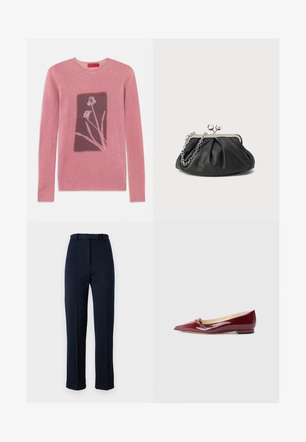 Lyserød sweater med lange ærmer, rund hals og et blomsterdesign i et mørkere rektangel. Blød tekstur, ribbestrikket materiale, brandlabel på halsudskæringen.; Marineblå, skræddersyede bukser lavet af tekstureret stof; har bæltestropper i taljen og en central fold ned foran. Slim, lige ben-design.; Bordeaux patenteret læderballerinaer med spids tå, der har en lille udskæring og en lav hæl. Glat tekstur og elegant design.; Sort læder clutch med samlet tekstur, sølvfarvet metalramme, kys-lås lukning og kædestrop. Glat, blød overflade.