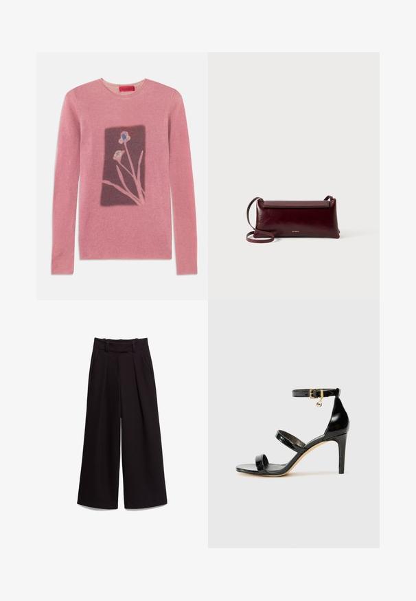 Un pull rose à manches longues, col rond, et un motif floral dans un rectangle plus foncé. Texture douce, matériau côtelé, étiquette de marque sur le col.; Pantalon noir à jambes larges avec taille haute, passants pour ceinture, poches latérales et plis à l'avant, présenté à plat sur fond blanc.; Sandale en cuir verni noir avec trois brides, boucle de cheville et talon aiguille de 10 cm. Présente un détail en métal doré et un charm logo.; Sac à bandoulière en cuir bordeaux avec une texture lisse, de forme rectangulaire, fermeture à rabat et une fine sangle réglable. Détail du logo doré visible.