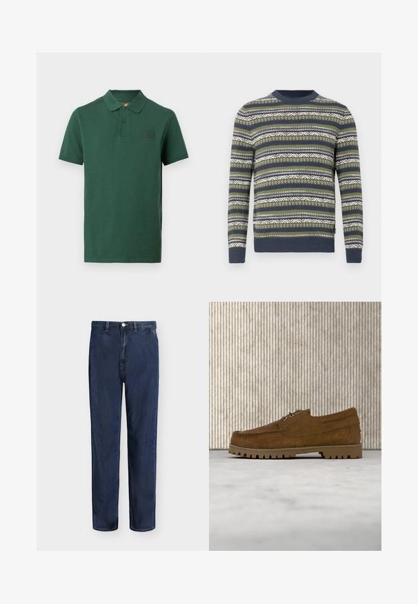 Pull en tricot vert, bleu marine et blanc avec des motifs à rayures horizontales et des designs géométriques. Col rond et poignets côtelés.; Polo à manches courtes vert foncé avec deux boutons et un petit patch logo Timberland sur la poitrine gauche.; Jean droit en denim bleu foncé avec passants de ceinture, bouton devant et fermeture éclair, présenté sur un fond uni clair.; Chaussure à lacets en daim marron avec semelle épaisse et striée flottant au-dessus d'un tapis beige, avec une table ovale marron en arrière-plan.
