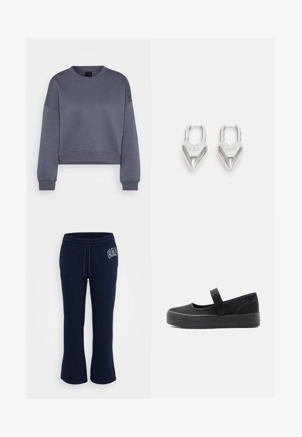 Donkergrijze langmouw cropped sweatshirt met ronde hals, voorzien van ribboord aan de mouwen en onderkant, weergegeven op een witte achtergrond.; GAP Petite HERITAGE - Trainingsbroek - navy; Zwarte Mary Jane-schoen met dikke rubberen zool en verstelbare klittenbandsluiting, ontworpen voor informeel gebruik met een afgeronde neus.; Zilveren hartvormige hangsloten met gegraveerde teksten "JA" en "NEE", gepolijst oppervlak, symmetrisch ontwerp en een robuuste metalen sluiting.