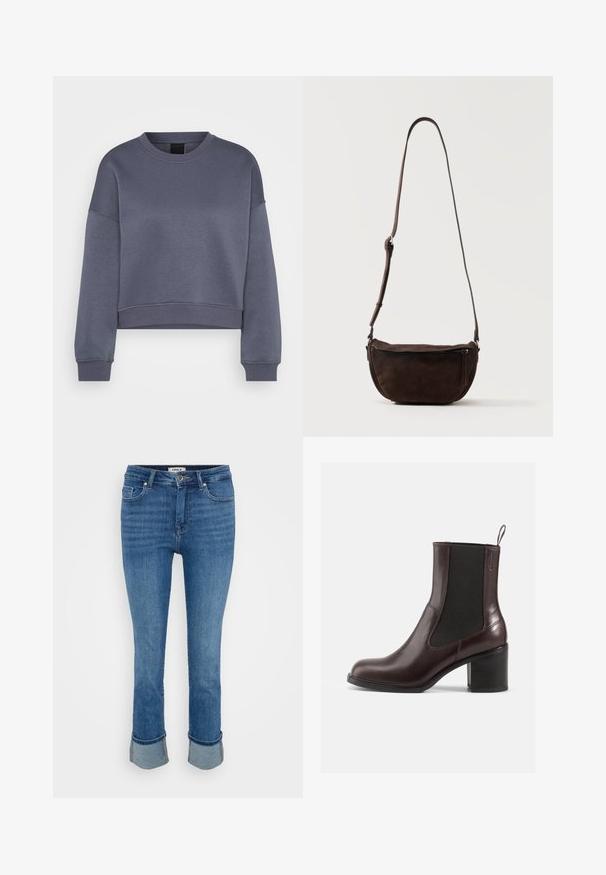 Mørkegrå langærmet crewneck beskåret sweatshirt med ribbede manchetter og kant, vist på en hvid baggrund.; Blå denim jeans med forlommer, knaplukning og oprullede bukseben på en ensfarvet lys baggrund.; Brune læder ankelstøvler med elastiske sidepaneler, rund tå og blokhæl. Glat tekstur og diskret syning.; Mørkebrun ruskind skuldertaske med justerbar rem og frontlynlås-lomme, stående mod en ensfarvet lys baggrund.