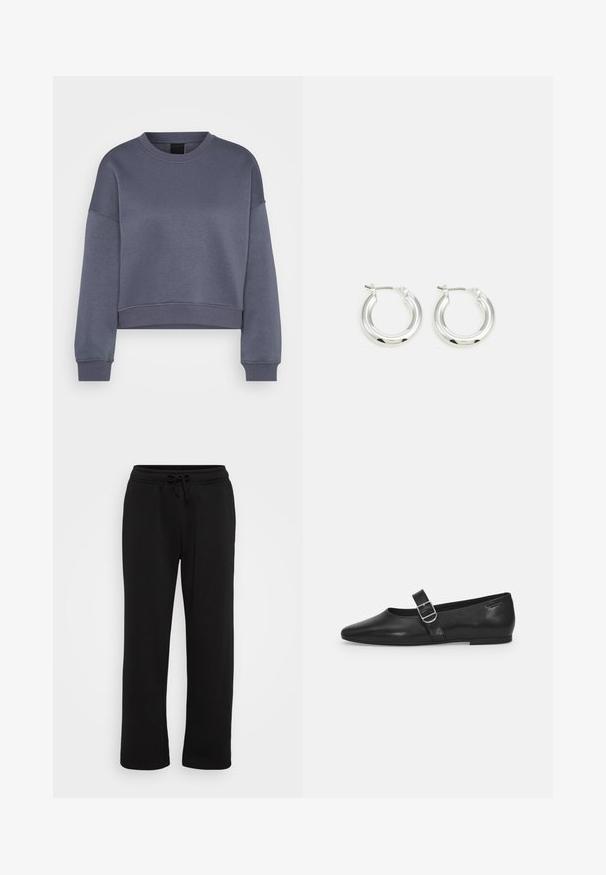 Tumehall pikkade varrukatega crewneck lõikega lühendatud särk, millel on soonikkoes mansetid ja ääred, esitatud valgel taustal.; Mustad sirgedega mustad dressipüksid elastse vöökoha ja reguleeritava nööriga, esitatud valgel taustal.; Must värvi nahast tasased kingad ümarate varvastega, ühe reguleeritava paelaga ja siledat, läikivat pinda. Minimalistlik disain madala kontsaga.; Hõbedased rõngaskõrvarõngad poleeritud viimistlusega, ringikujulise kujuga ja hingedega kinnitusega. Sile tekstuur minimaalsete detailidega.