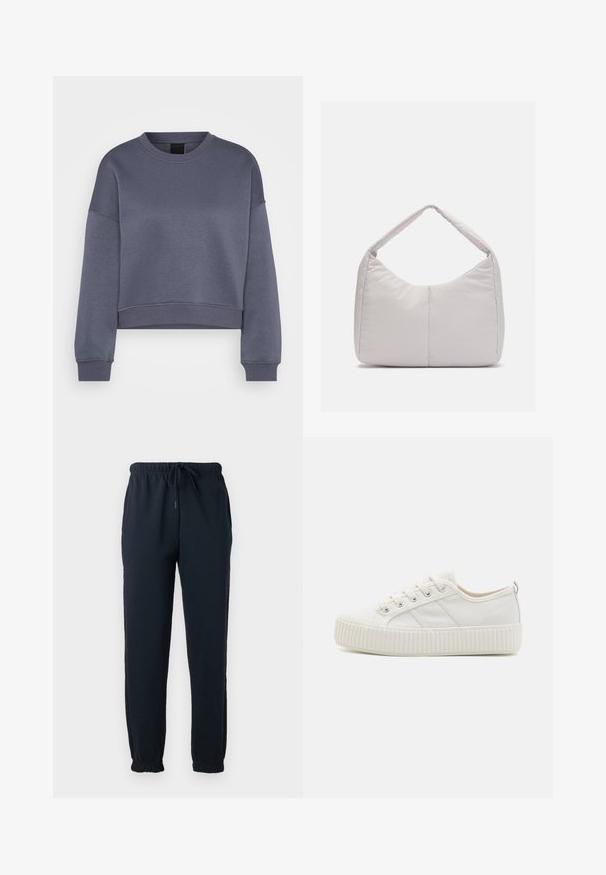 Mørkegrå langærmet crewneck beskåret sweatshirt med ribbede manchetter og kant, vist på en hvid baggrund.; Sorte joggingbukser med elastisk talje, snøre, sidelommer og elastiske manchetter ved anklerne.; Hvide lærreds sneakers med en struktureret gummisål, rund tå og snørebåndsdesign, der har tre sidelinjer.; Lys grå polstret skuldertaske med en buet form, der har en enkelt håndtag og en glat, textured overflade. Simpelt design uden yderligere hardware.