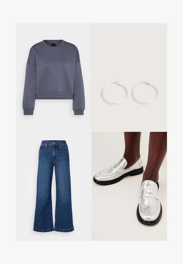 Sweat-shirt court à manches longues gris foncé avec col rond, présentant des poignets et un ourlet côtelés, affiché sur un fond blanc.; Jean en denim à jambes larges, de couleur bleu foncé, avec une taille haute, un design à cinq poches et des ourlets retroussés. Texture lisse avec des détails de couture discrets.; Mocassins métalliques argentés avec une finition lisse, semelle en caoutchouc noir, et une sangle décorative portant le nom de la marque en relief.; Paire de boucles d'oreilles créoles argentées brillantes avec fermoirs en fil fin, présentée sur un fond gris clair.