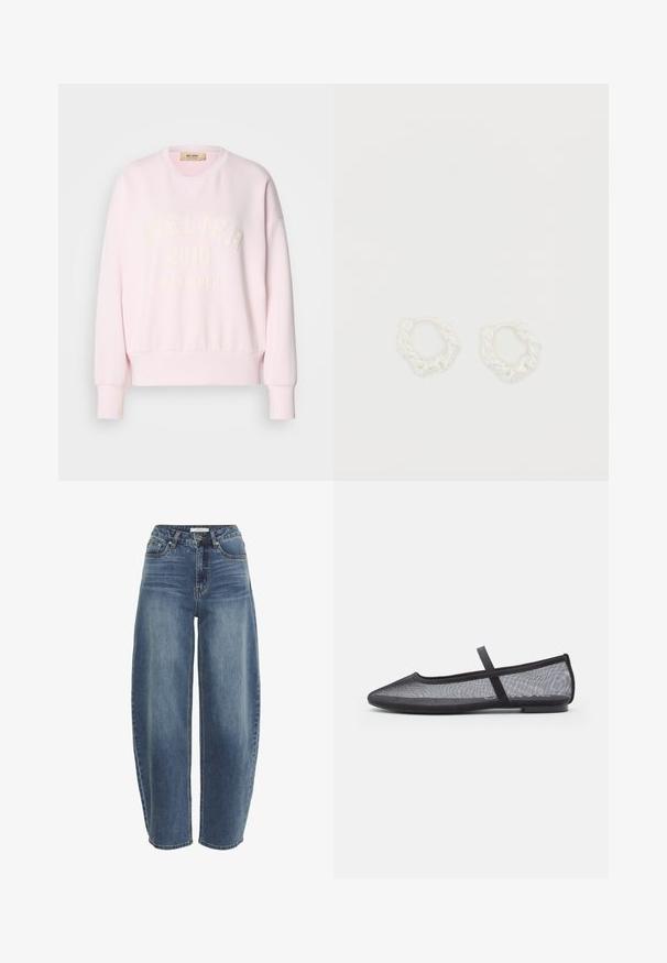 Rosa Sweatshirt aus weichem Stoff mit Rundhalsausschnitt, gerippten Bündchen und gesticktem Text: "ATELIER 2010 MOS MOSH" in Weiß.; Hoch taillierte, locker sitzende blaue Jeans aus Denim, mit Knopfverschluss, fünf Taschen und dezenter Ausbleichung des Stoffes.; Schwarze Ballettflats aus Mesh mit spitz zulaufender Schuhspitze, einem schmalen Riemen über dem Spann und einer flachen Gummisohle. Leichtes und atmungsaktives Design.; Weiße Creolen mit einer zerknitterten Struktur. Hergestellt aus metallischem Material, mit einem verdrehten Design und einer glatten Oberfläche.