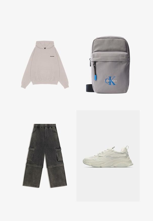 Lichtgrijze capuchontrui met voorzak en een klein "PEGADOR" logo op de linkerborst, lange mouwen en geribbelde boorden en zoom.; Donkere grijze cargobroek met elastische tailleband, zijzakken en een ritssluiting die het dij- en onderbeen scheidt.; Stevige witte sneaker met mesh accenten, textuurrubberen zool en afgeronde vorm. Voorzien van minimale branding en een trekkoord aan de hiel.; Kleine grijze Calvin Klein schoudertas met voorvak met ritssluiting, zwarte riem en blauw "cK" logo geborduurd.