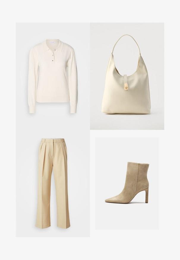 Chemise polo à manches longues de couleur crème avec une texture douce, fermeture à boutons et poignets côtelés. Elle présente un col classique et une silhouette ajustée.; Pantalons beige à jambes larges avec devant plissé, tissu lisse, fermoir dissimulé et poches latérales. Coupe structurée et design sur mesure.; Zign by Zalando Bottines à talons hauts - beige; Sac hobo en cuir couleur crème avec une seule bandoulière, texture lisse et un détail de fermoir doré à l'avant.