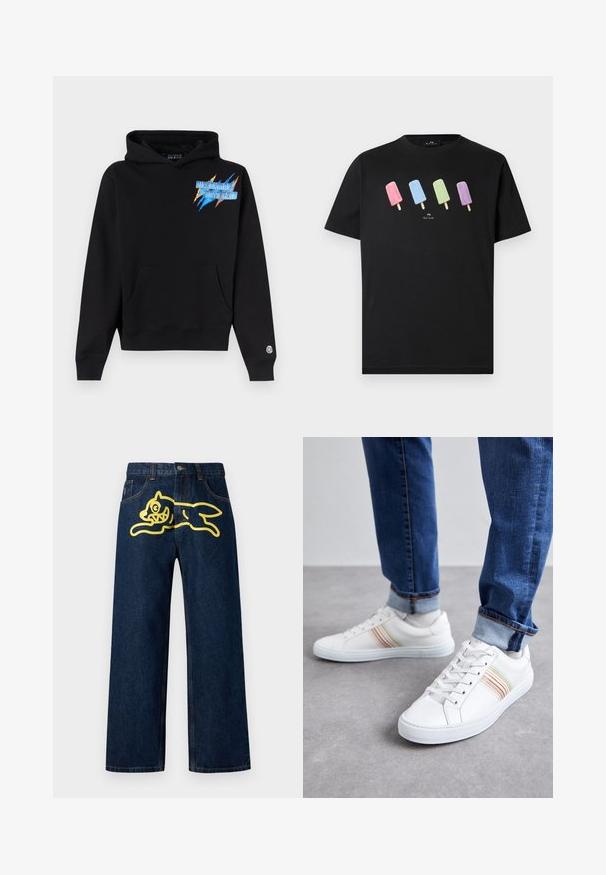 Sort hættetrøje med frontlomme, blå og orange "Billionaire Boys Club"-logo på brystet og lille hjelm-logo på venstre ærmekant.; Sort kortærmet T-shirt med fire farverige ispinde i pink, blå, grøn og lilla tværs over brystet og lille hvid tekst nedenunder.; Mørkeblå denim jeans med et stort gult grafisk motiv af en springende karakter på baglommen. Lige ben design med standard syninger.; Hvide lædersneakers med multicolore striber, snørebåndsdesign, gummisål og polstret krave, parret med blå denimjeans.