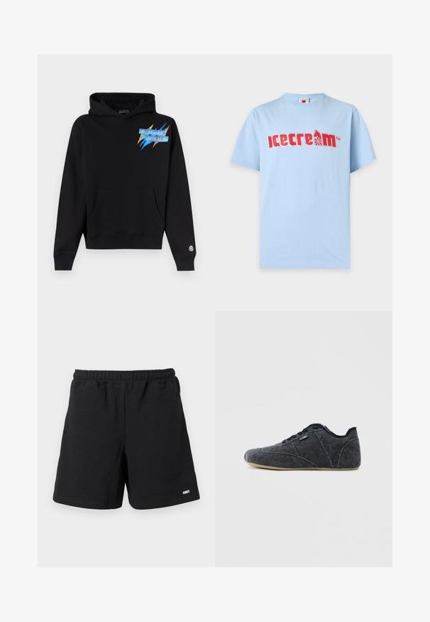 Sweat à capuche noir avec poche kangourou à l'avant, logo "Billionaire Boys Club" bleu et orange sur la poitrine, et petit logo casque sur le poignet de la manche gauche.; T-shirt bleu clair à manches courtes avec un texte rouge stylisé « icecream » et un petit graphisme d'une personne sur un monocycle à la place de la lettre « a ».; Shorts décontractés noirs avec taille élastique et poches latérales, arborant un petit logo blanc "OBEY" sur la jambe droite inférieure.; Chaussures décontractées en denim noir avec un bout rond, une surface texturée, des coutures contrastantes et une semelle en caoutchouc verte flexible. Conception à lacets sur le devant.