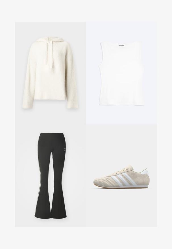 Biely huňatý hoodie vyrobený z mäkkého materiálu, s kapucňou na šnúrku, širokými rukávmi a rebrovanými detailmi na spodnom okraji. Pohodlný a štruktúrovaný vzhľad.; Biele priliehavé tielko bez rukávov s okrúhlym výstrihom a minimalistickým dizajnom, s označením "WEEKDAY" vo vnútri goliera.; Čierne rozšírené legíny z elastickej tkaniny, s vysokým pásom a bielymi bočnými pruhmi. Obsahujú malé logo na páse.; Svetlo béžová semišová obuv s okrúhlou špičkou, bielym dizajnom so tromi pruhmi a gumovou podrážkou. Obsahuje šitie a nízky profil.