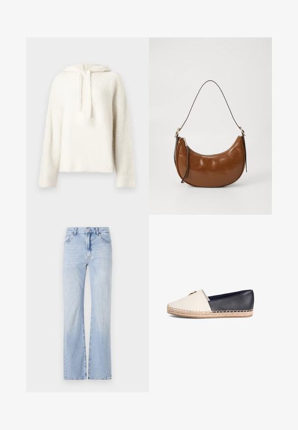 Witte fluffy hoodie gemaakt van zacht materiaal, met een trekkoord capuchon, brede mouwen en geribbelde onderranden. Gezellige en textuurrijke uitstraling.; Lichtblauwe denim flared jeans met vijf zakken, riemlussen en een knoopsluiting. Zachte textuur met subtiele vervaging.; Espadrille-vloerschoen in roomwit en marineblauw leer, met een gevlochten juten zool en een goudkleurig accent op het roomwitte gedeelte. Soepele textuur, instapmodel.; Bruine faux leren tas met een gebogen ontwerp, ritssluiting en een enkele bruine schouderband. Gladde textuur met een glanzende afwerking en minimale hardware.