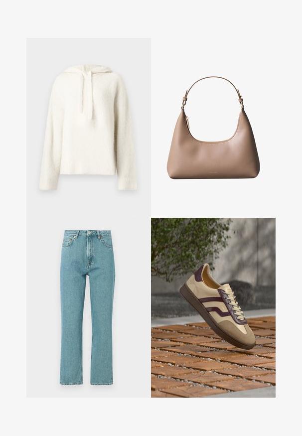 Witte fluffy hoodie gemaakt van zacht materiaal, met een trekkoord capuchon, brede mouwen en geribbelde onderranden. Gezellige en textuurrijke uitstraling.; Lichtblauwe, high-waisted jeans met een rechte pijpdesign. Gemaakt van denim, met voorzakken en een knoopsluiting.; Beige en bruine sneaker met paarse accenten en veters, zwevend boven een houten en kiezelpatroon buiten.; Beige leren schoudertas met korte handgreep, gebogen bovenrits en minimalistisch Calvin Klein-logo aan de voorkant.