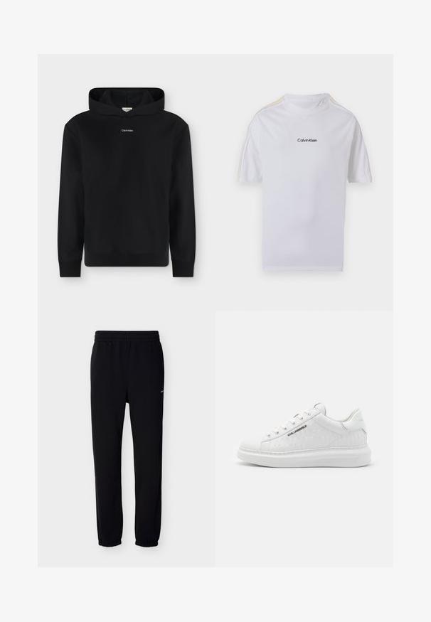 Sweat à capuche noir à manches longues avec un petit logo blanc Calvin Klein centré sur la poitrine, présenté sur un fond uni.; T-shirt blanc à manches courtes avec le logo Calvin Klein au centre de la poitrine et de fines rayures jaunes le long des épaules et des manches.; Pantalon de survêtement noir avec une taille élastique et des poignets. Fabriqué en tissu doux. Présente un petit logo blanc sur le côté gauche.; Baskets blanches en cuir lisse avec motif gaufré. Présentent un bout rond, un laçage à l'avant et une semelle texturée. Détail du logo argenté sur le côté.