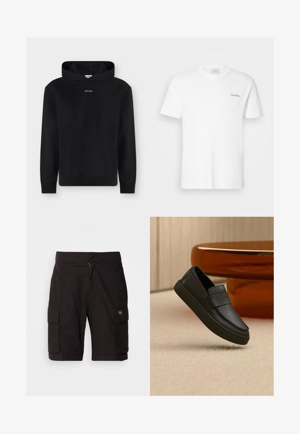 Sudadera negra con capucha, mangas largas y un pequeño logotipo blanco de Calvin Klein centrado en el pecho, mostrada sobre un fondo liso.; Camiseta de algodón blanca con mangas cortas y un escote en forma de cuello redondo. Presenta un pequeño logotipo negro de "Calvin Klein" en el lado izquierdo del pecho.; Pantalones cortos de cargo negros confeccionados con tejido ligero. Cuenta con cierre de botón y cremallera, dos bolsillos laterales de cargo y detalles de costura.; Zapato mocasín de piel negra tipo slip-on con una tira sobre la parte superior, colocado sobre una alfombra beige y junto a una mesa redonda marrón.