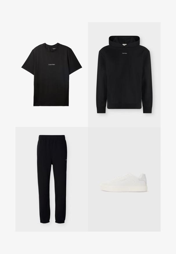 Sweat à capuche noir à manches longues avec un petit logo blanc Calvin Klein centré sur la poitrine, présenté sur un fond uni.; T-shirt Calvin Klein noir à manches courtes avec col rond et petit logo blanc Calvin Klein centré sur la poitrine.; Pantalon de survêtement noir avec une taille élastique et des poignets. Fabriqué en tissu doux. Présente un petit logo blanc sur le côté gauche.; Baskets blanches avec une tige synthétique lisse, bout rond et semelle plate blanche. Caractérisées par des coutures ton sur ton et un branding minimaliste sur le côté.