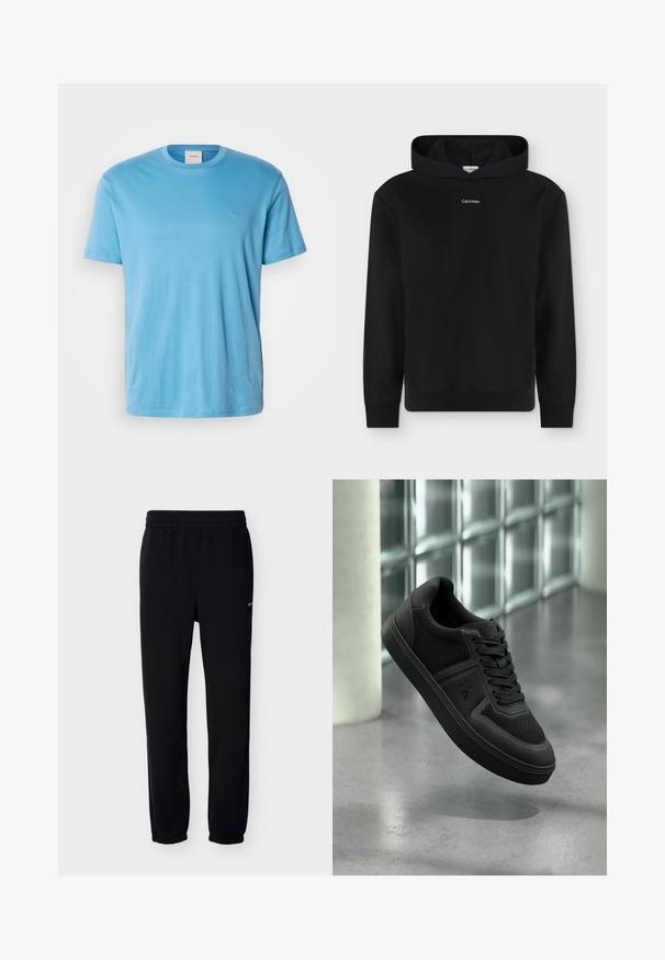 Čierna mikina s kapucňou, dlhými rukávmi a malým bielym logom Calvin Klein v strede na hrudi, zobrazená na jednoduchom pozadí.; Svetlomodré tričko s krátkym rukávom z bavlny s okrúhlym výstrihom a malým vyšívaným logom na hrudi. Hladká textúra, bežný strih.; Čierne tepláky s elastickým pásom a manžetami. Vyrobené z mäkkého materiálu. Na ľavej strane je malý biely logotyp.; Čierna nízka teniska s textúrovanými panelmi, šnúrkami a logom "ck" na boku, vznášajúca sa nad leštenou betónovou podlahou pri sklenných blokoch.