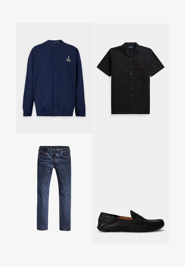 Tmavomodrý kardigán na gombíky so žebrovanými manžetami a lemem, s vyšívaným logom Polo Ralph Lauren v bielej farbe na ľavej strane hrudníka.; Čierna krátkym rukávom košeľa na gombíky s golierom a náprsným vreckom s malým červeným logom vyšitým na vrecku.; Tmavomodré džínsy s úzkym strihom, piatimi vreckami a štandardným pásom. Obsahujú viditeľný steh a kovové akcenty.; Čierny kožený slip-on mokasín s zaoblenou špičkou a šitými detailmi pozdĺž strán a vrchu, zobrazený z boku na bielom pozadí.