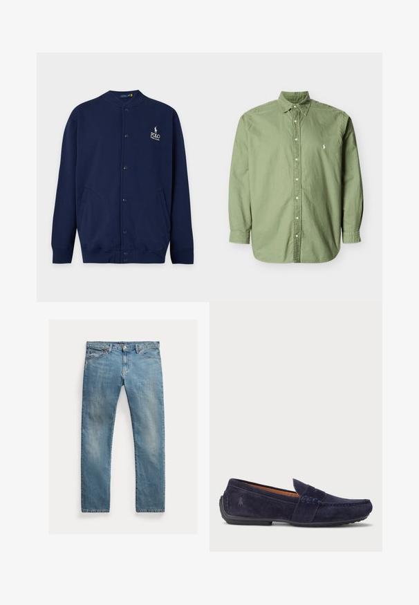 Tumesinine nööpkardigan soonikkoes mansettide ja äärega, vasakul rinnal valge õmmeldud Polo Ralph Laureni logo.; Pikkade varrukatega oliivroheline nööpidega särk, nööpidega krae ja väike valge tikkitud logo vasakul rinnal.; Hele sinine teksapüksid sirge lõikega, nööbiliuguriga kinnitamine, viis taskut, peen kulumine ja õmbluse aktsendid.; Tumesinine sametist mokassiini jalanõu, millel on õmmeldud disain, ümmargune varvas ja tekstureeritud kummitald. Küljel on peen märk.